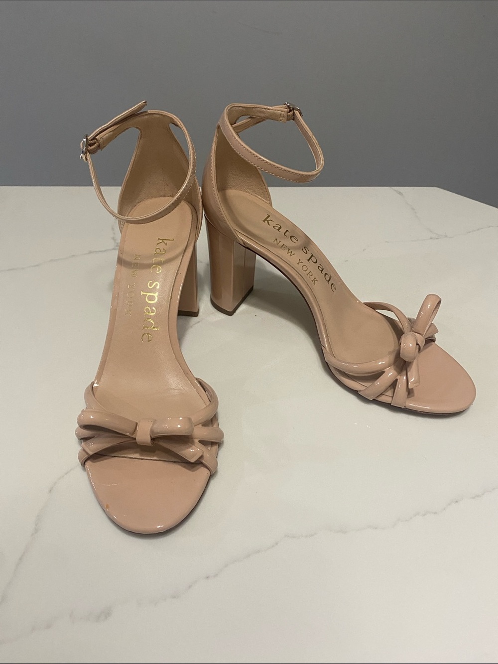 kate spade Flamenco patent leather ankle-strap sandals in the "Peach Shake" 7.5